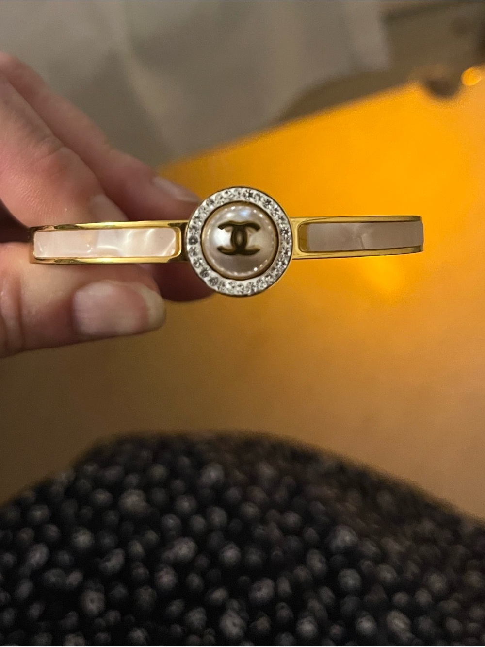 CHANEL Gold-Tone Pearl CC Logo Bangle with Clear Crystals - Picture 3 of 3